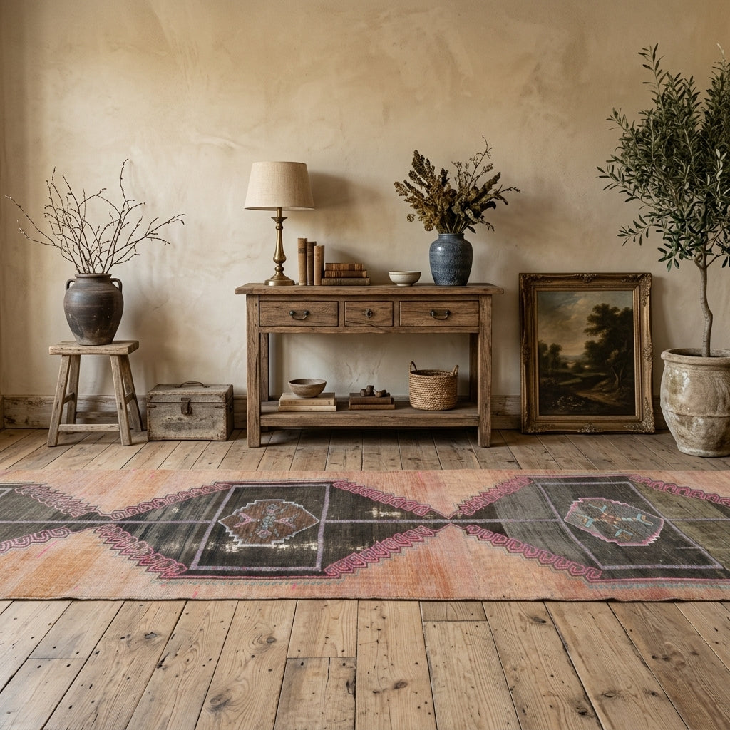 Geometric pattern on the Sosiphone vintage runner rug – handmade in Anatolia, Turkey