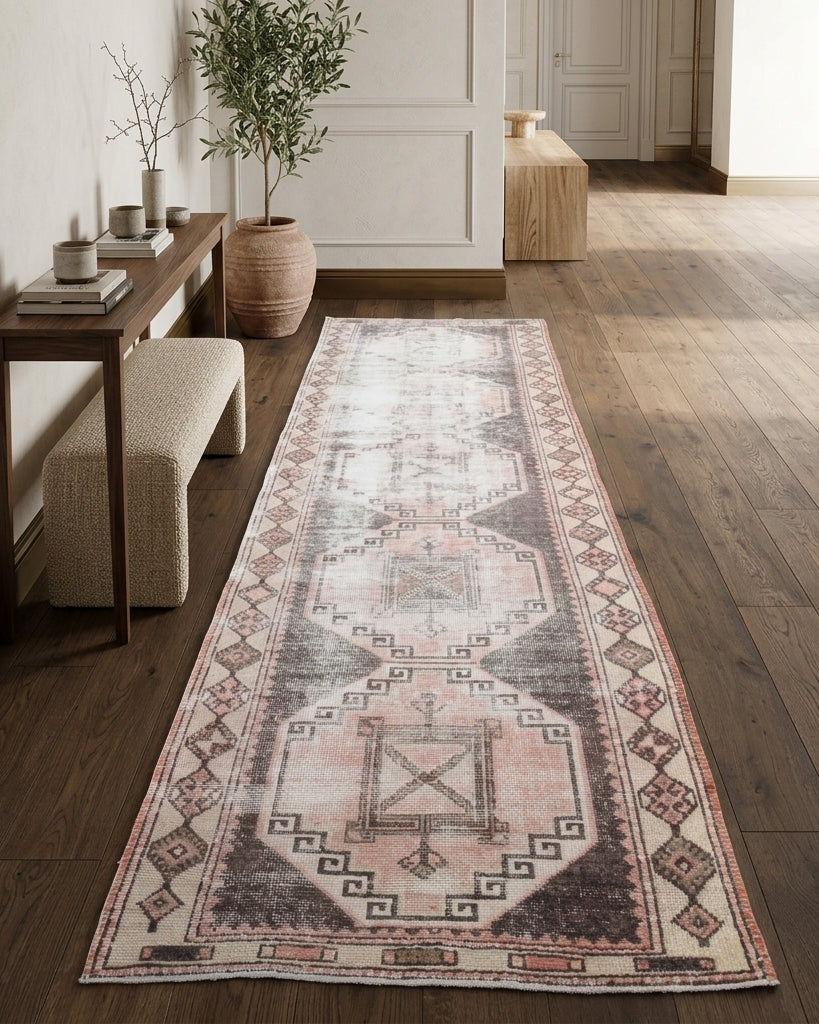 Geometric pattern on the Sevdabike distressed vintage runner rug – handmade in Anatolia, Turkey