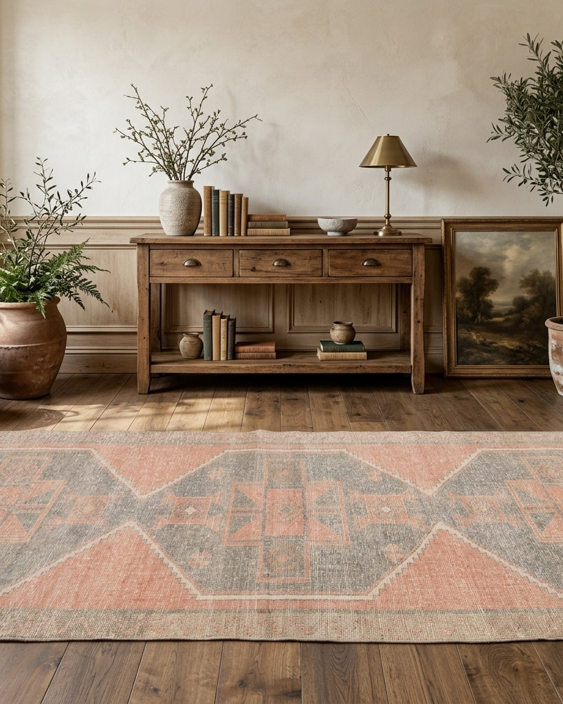 Geometric pattern on the Sahrasever vintage runner rug – handmade in Anatolia, Turkey