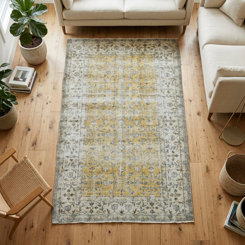 Bordered and floral pattern on the Theantha vintage area rug – handmade in Anatolia, Turkey