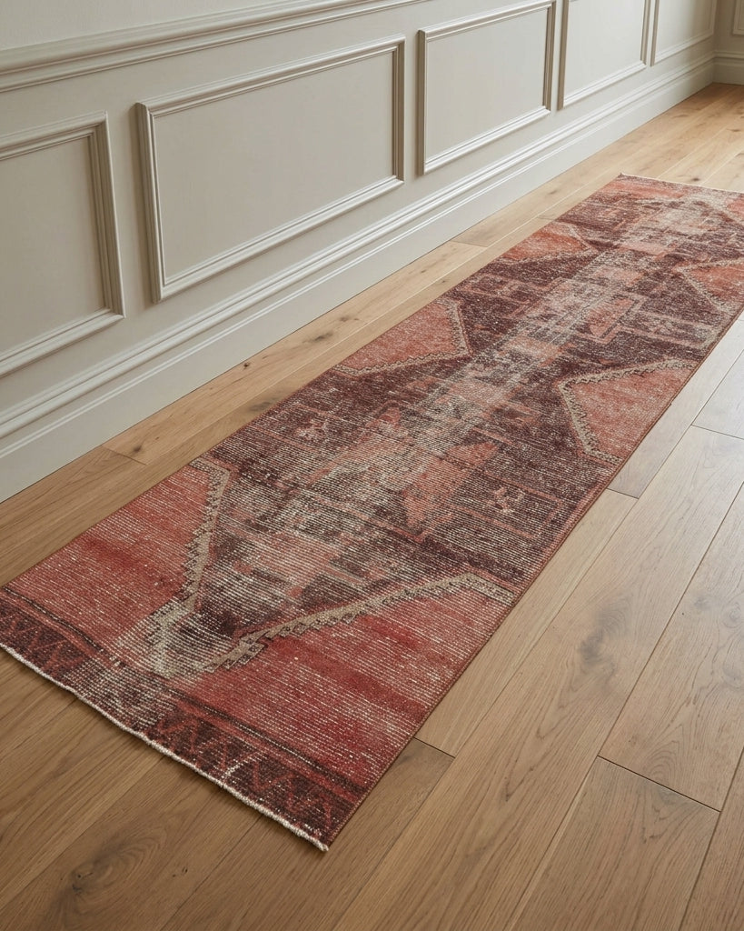 Tribal pattern on the Papaya vintage runner rug – handmade in Anatolia, Turkey