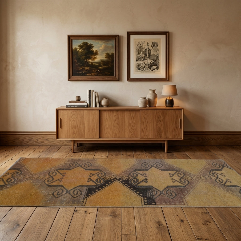 Geometric pattern on the Ocyrhoe vintage runner rug – handmade in Anatolia, Turkey