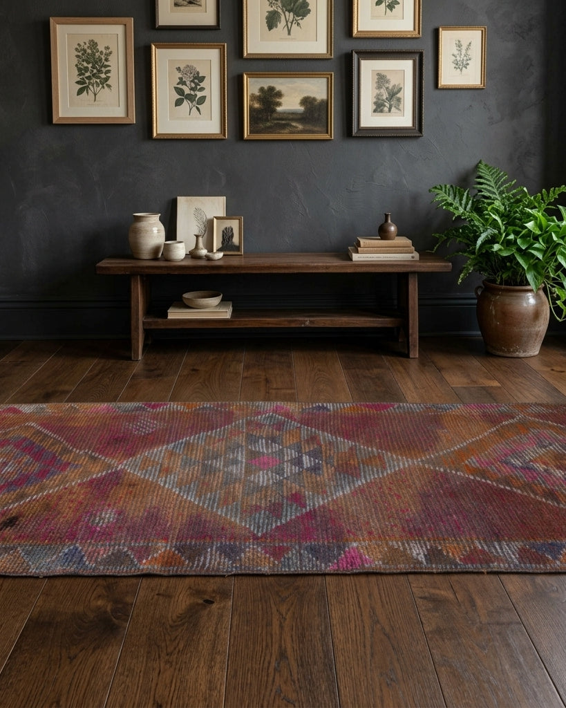 Geometric pattern on the Nesterenpare vintage runner rug – handmade in Anatolia, Turkey