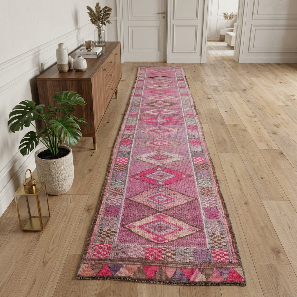 Geometric pattern on the Kumruefsan vintage runner rug – handmade in Anatolia, Turkey