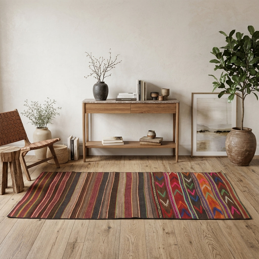 Striped pattern on the Kelebekban vintage kilim runner rug – handwoven flatweave in Anatolia, Turkey