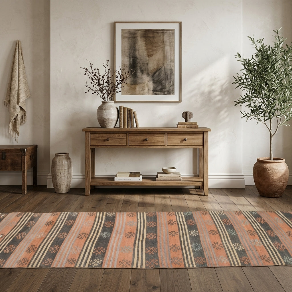 Striped pattern on the Okeanonassa vintage kilim runner rug – handwoven flatweave in Anatolia, Turkey