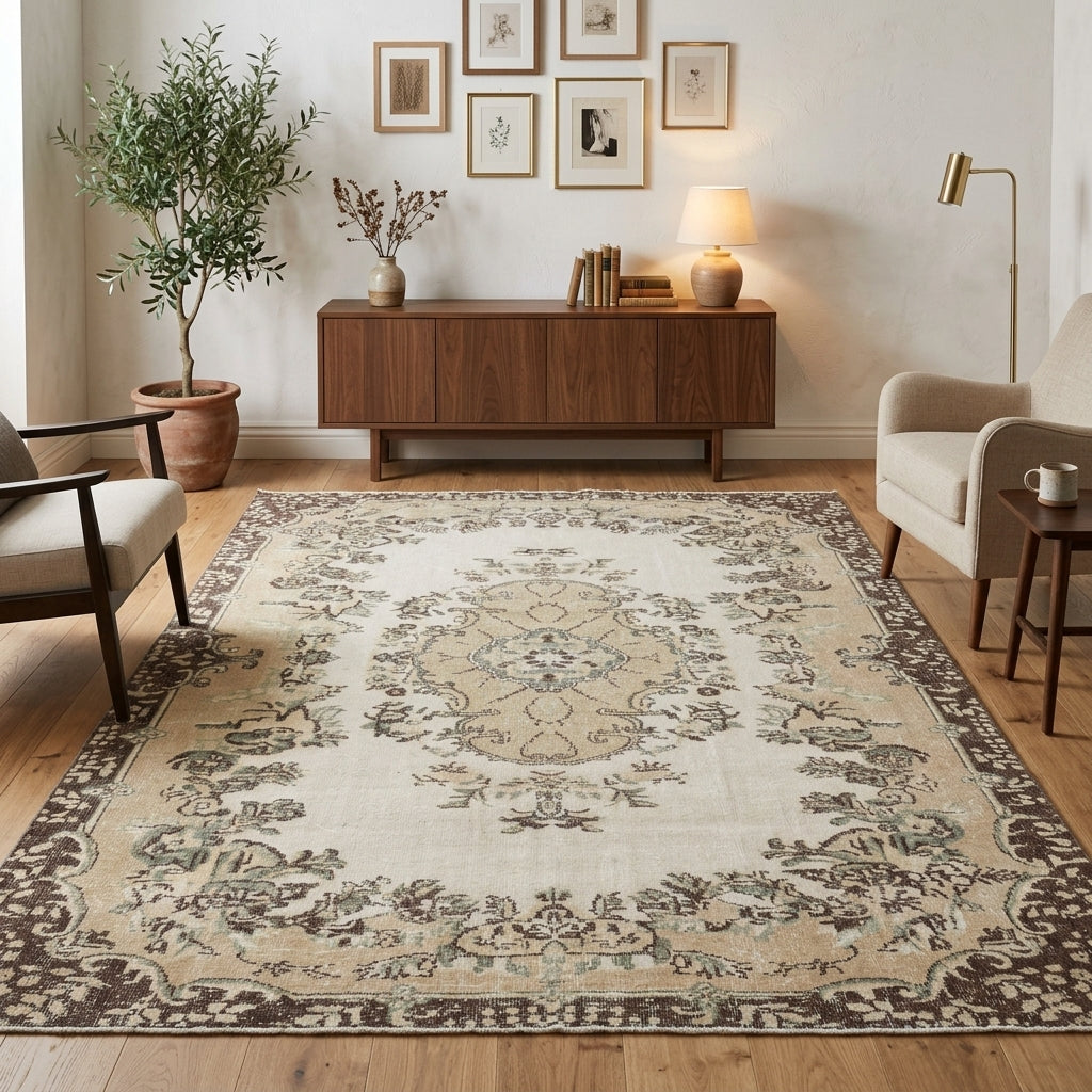 Oriental pattern on the Zerafetgul vintage area rug – handmade in Anatolia, Turkey