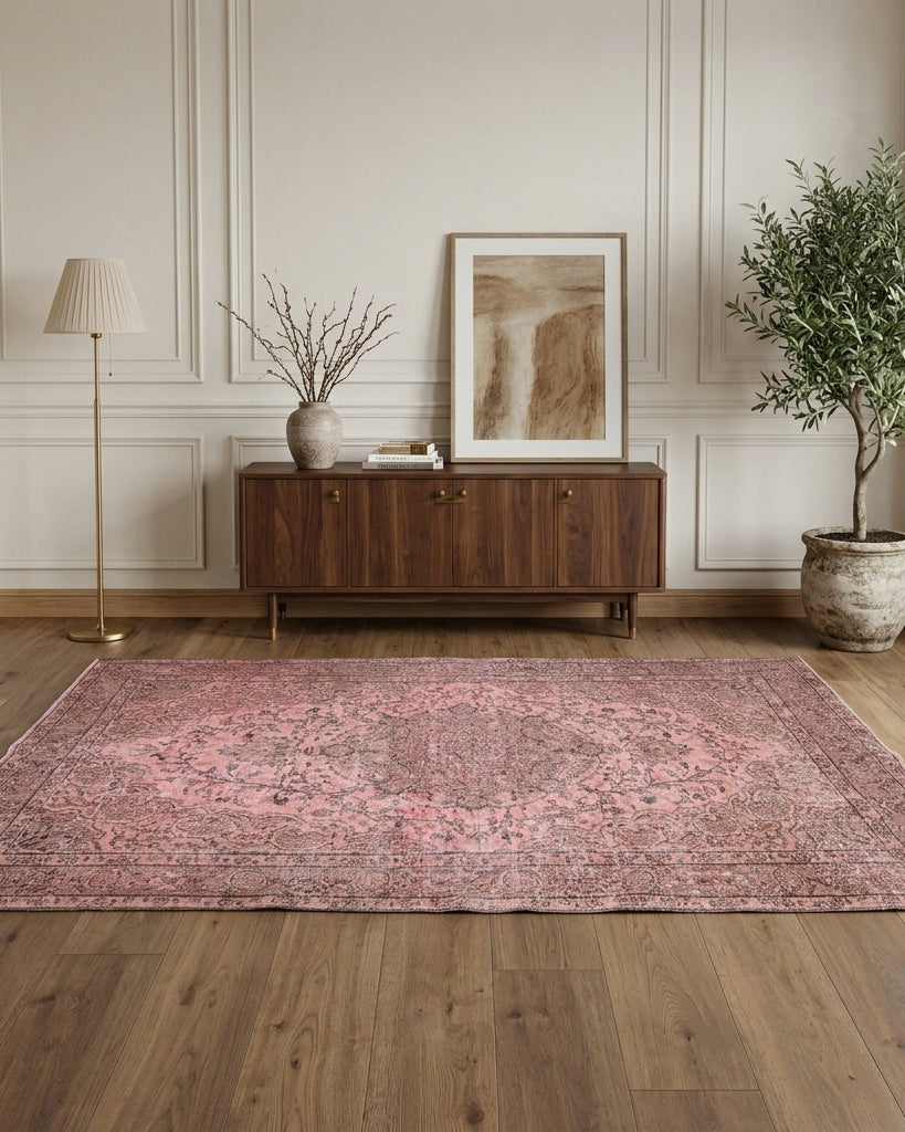 Oriental pattern on the Astraphile overdyed vintage area rug – handmade in the Persian region