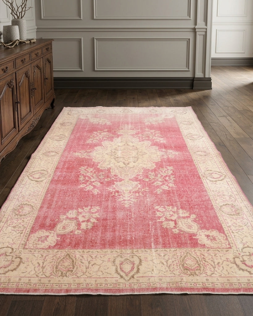 Bordered and oriental pattern on the Aristochoria vintage area rug – handmade in Anatolia, Turkey