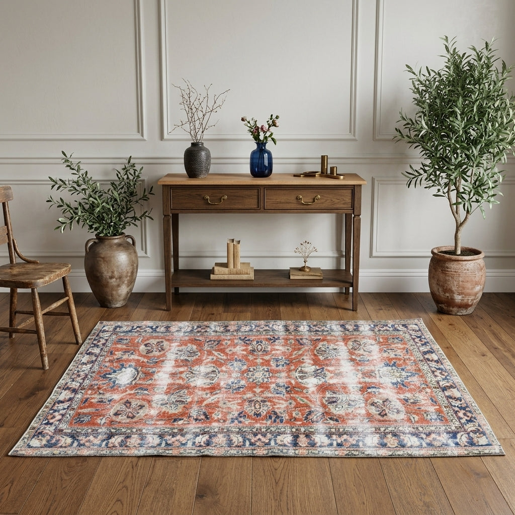 Oriental pattern on the Themis distressed vintage area rug – handmade in Anatolia, Turkey