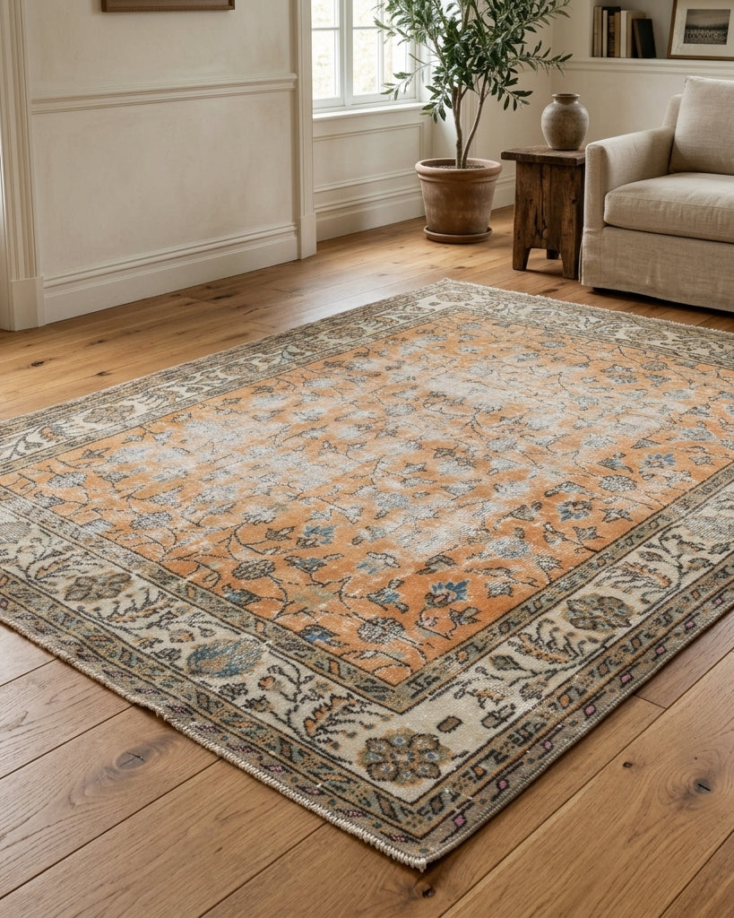 Floral pattern on the Nimet distressed vintage area rug – handmade in Anatolia, Turkey