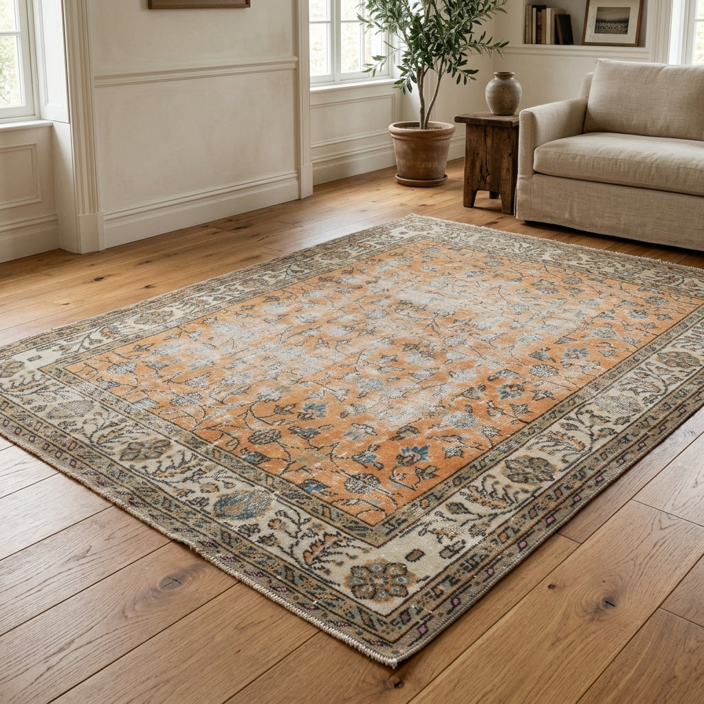 Floral pattern on the Nimet distressed vintage area rug – handmade in Anatolia, Turkey