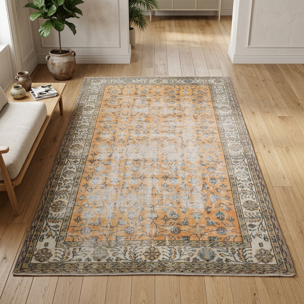 Floral pattern on the Nimet distressed vintage area rug – handmade in Anatolia, Turkey