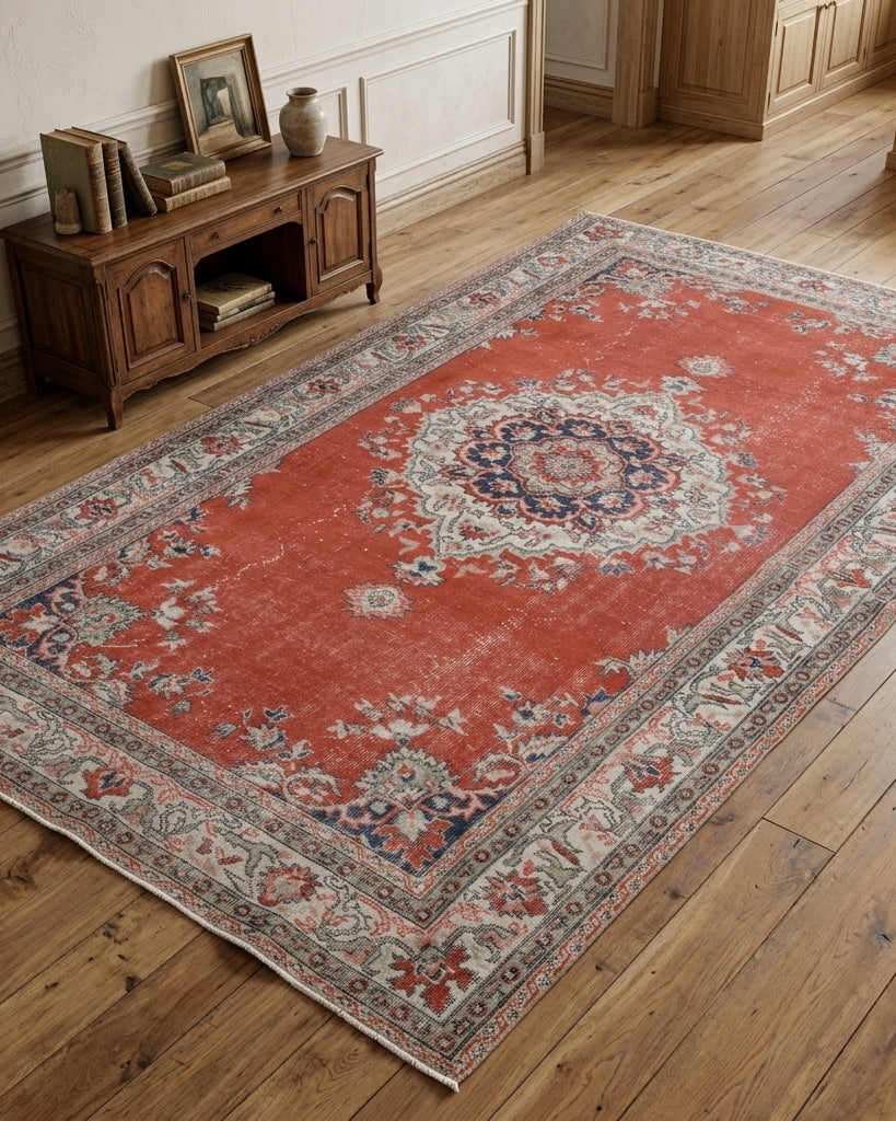 Medallion pattern on the Nevmelek vintage area rug – handmade in Anatolia, Turkey