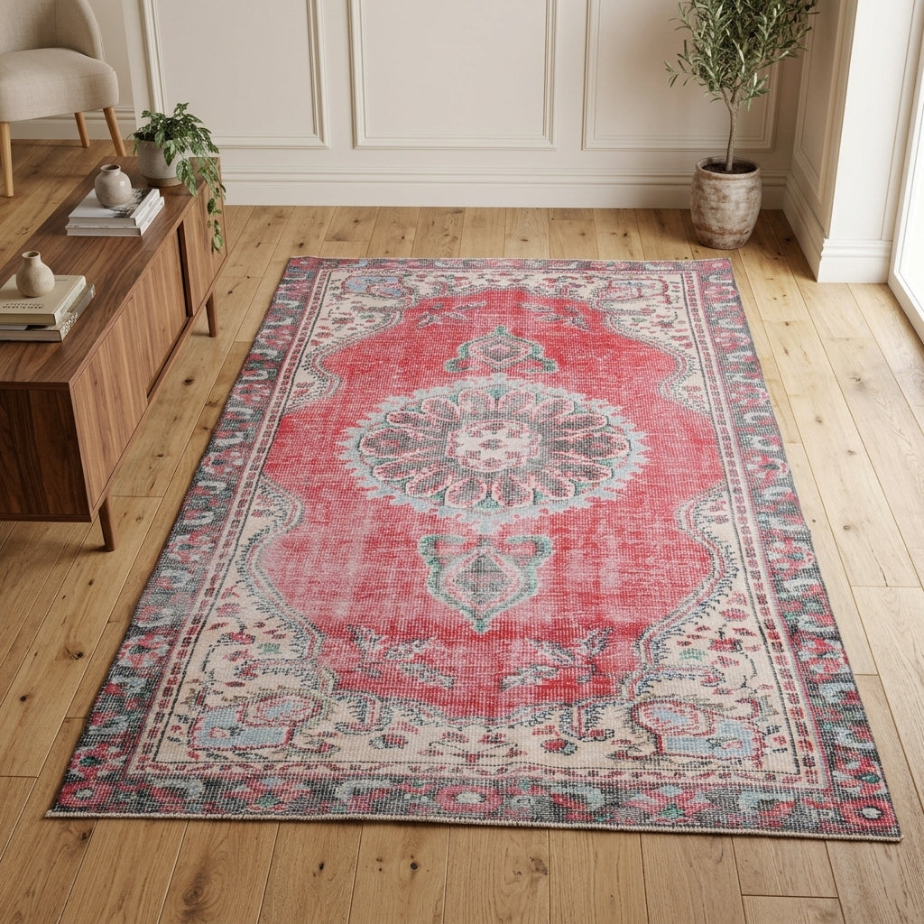 Oriental and medallion pattern on the Nesterengonca vintage area rug – handmade in Kurdish Region, Turkey