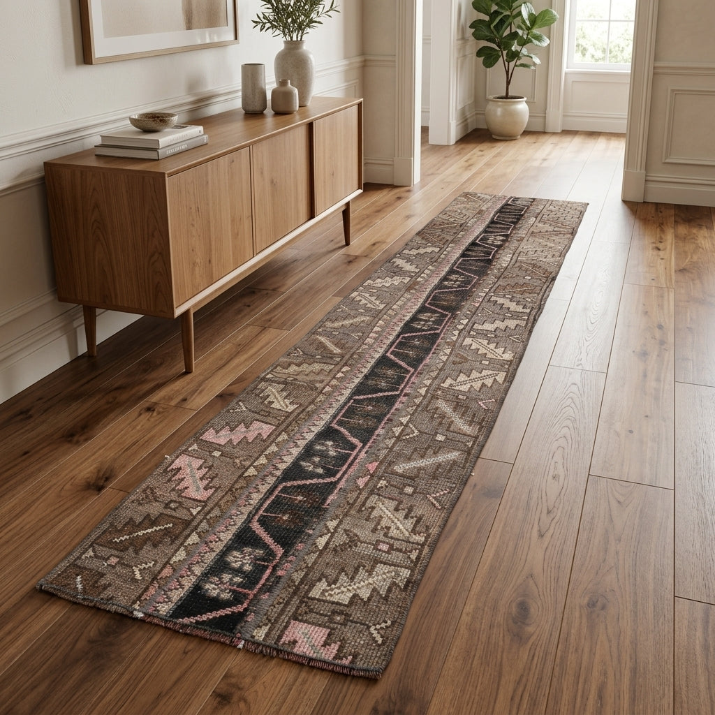 Ikat pattern on the Mujganpezir vintage patchwork runner rug – handmade in Anatolia, Turkey
