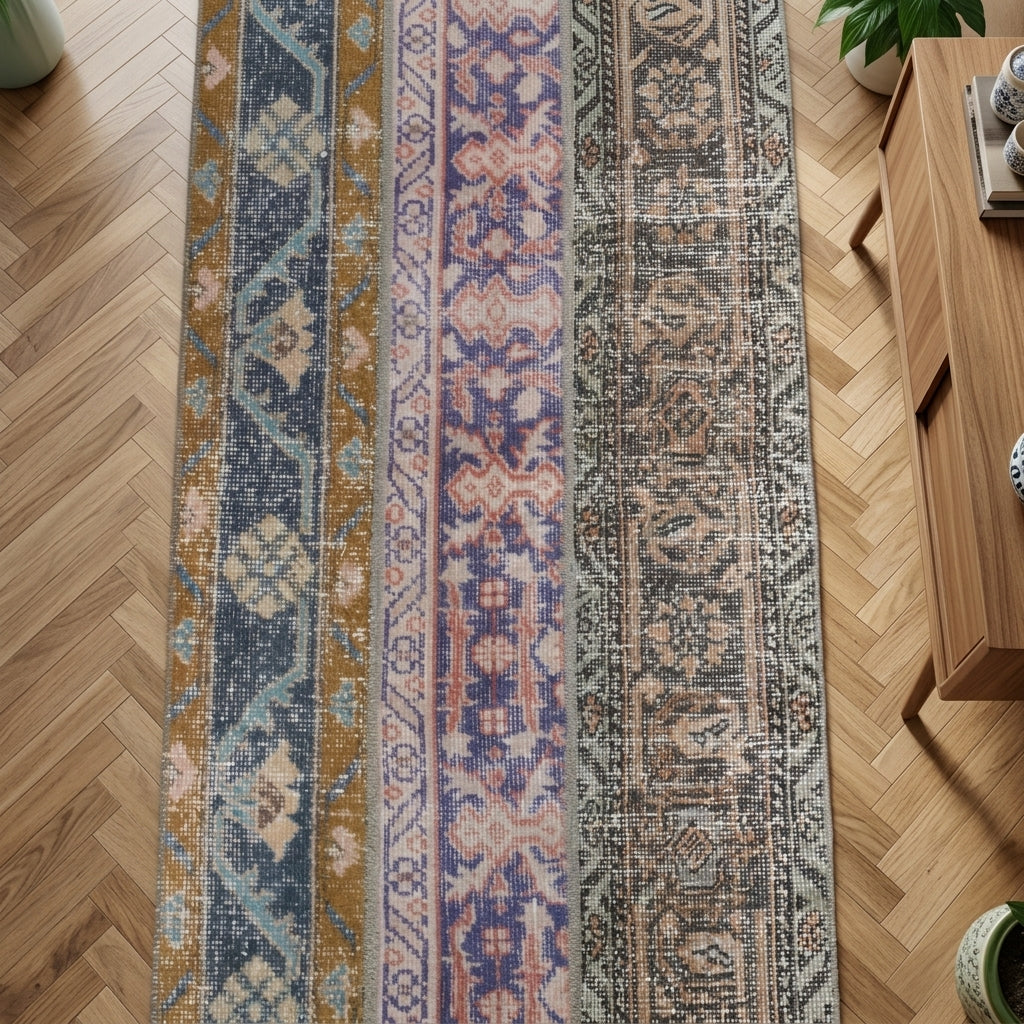 Tribal pattern on the Melitokleia vintage patchwork runner rug – handmade in Anatolia, Turkey