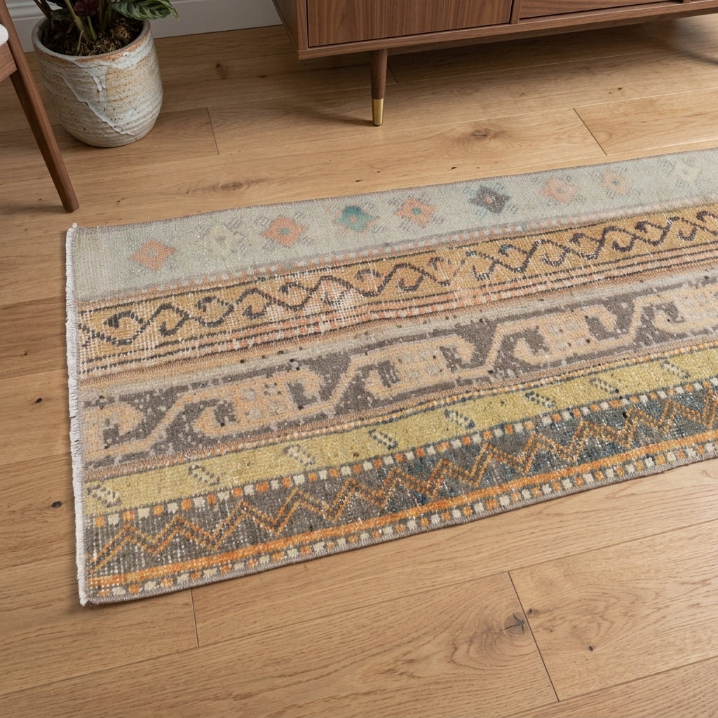 Ikat pattern on the Husnil vintage patchwork runner rug – handmade in Anatolia, Turkey