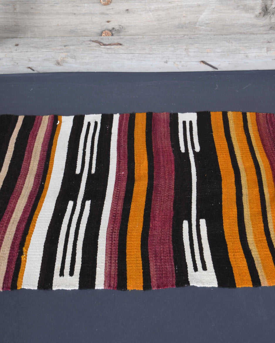 Smaragdolyra runner: 1960s handwoven flatweave Anatolian runner with striped motifs