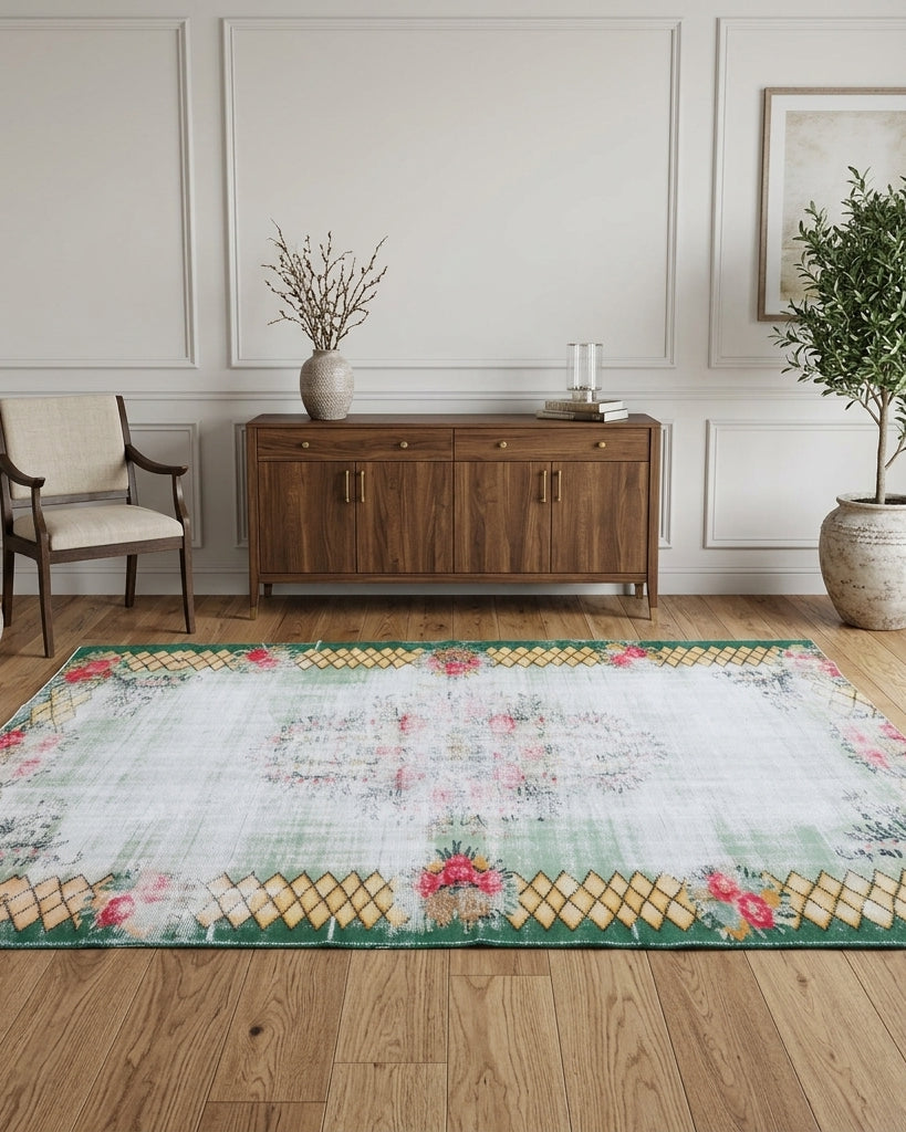 Oriental pattern on the Irimelpe distressed vintage area rug – handmade in Anatolia, Turkey