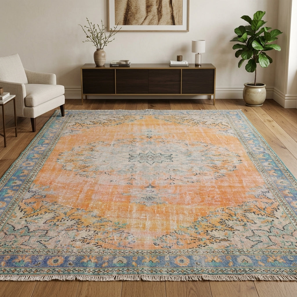 Oriental pattern on the Hedyphrosyne antique washed vintage area rug – handmade in Anatolia, Turkey