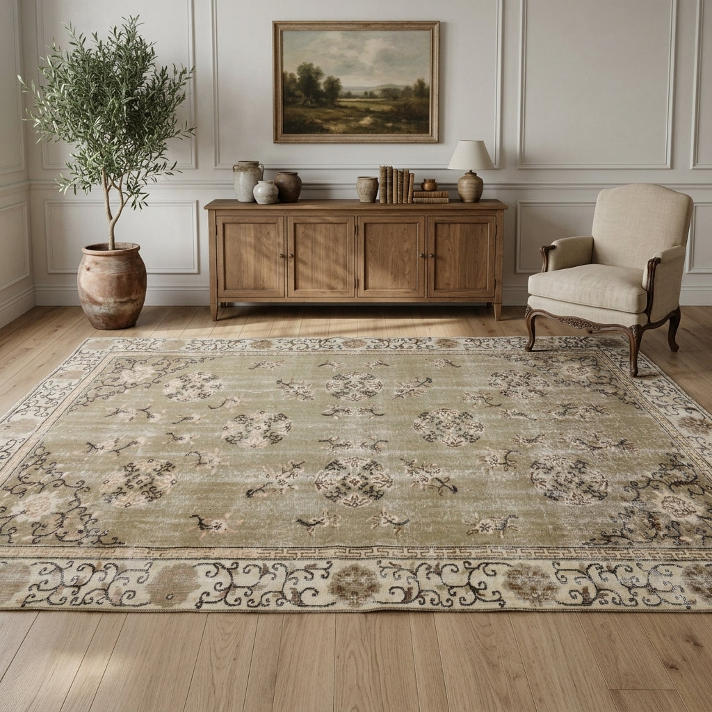 Floral pattern on the Gumusluk vintage area rug – handmade in Anatolia, Turkey
