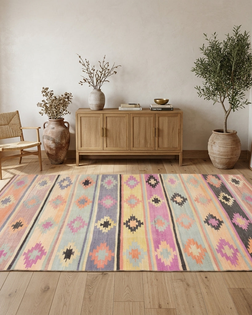 Ikat pattern on the Zephyrope vintage kilim runner rug – handwoven flatweave in Anatolia, Turkey