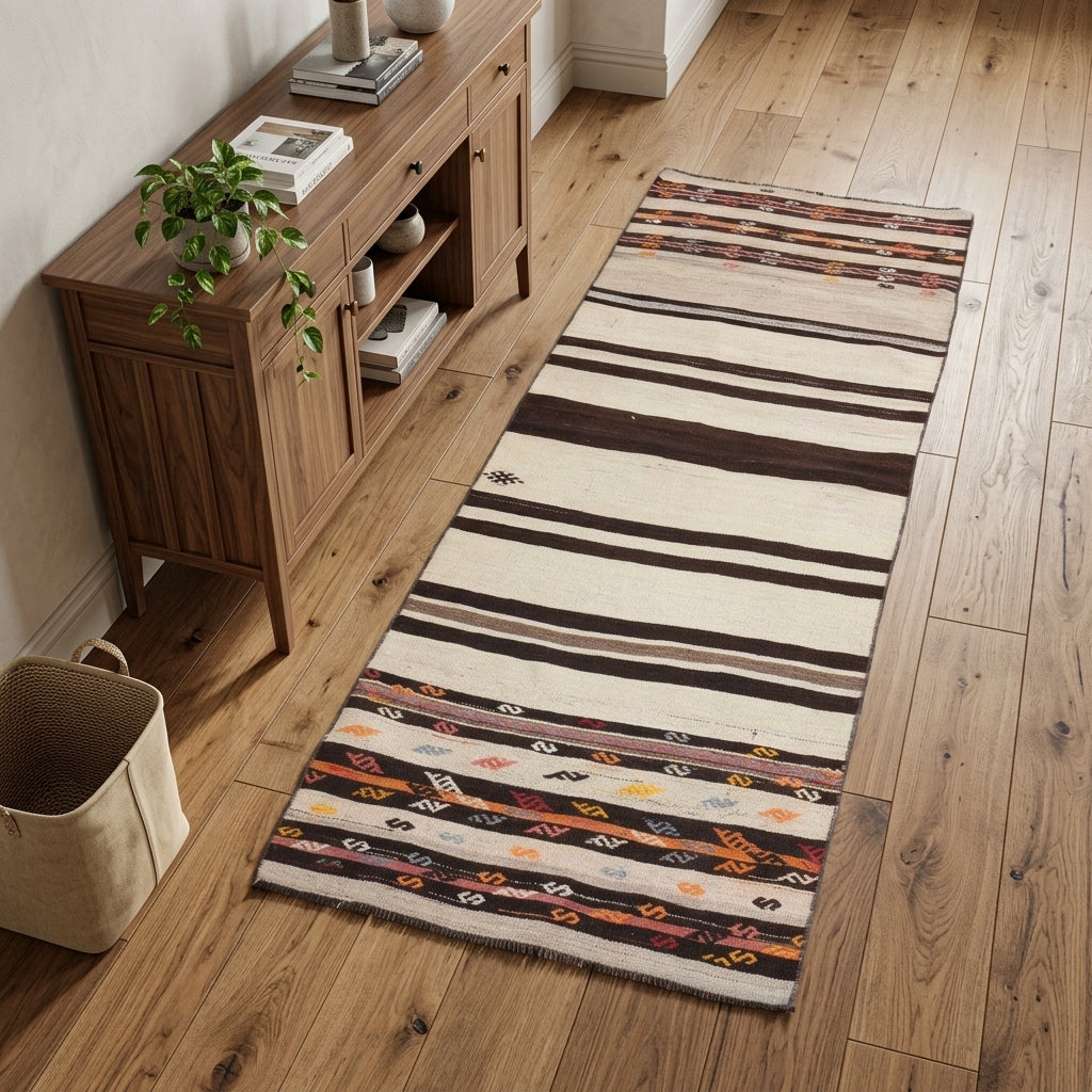 Striped pattern on the Zenokrateia vintage kilim runner rug – handwoven flatweave in Anatolia, Turkey