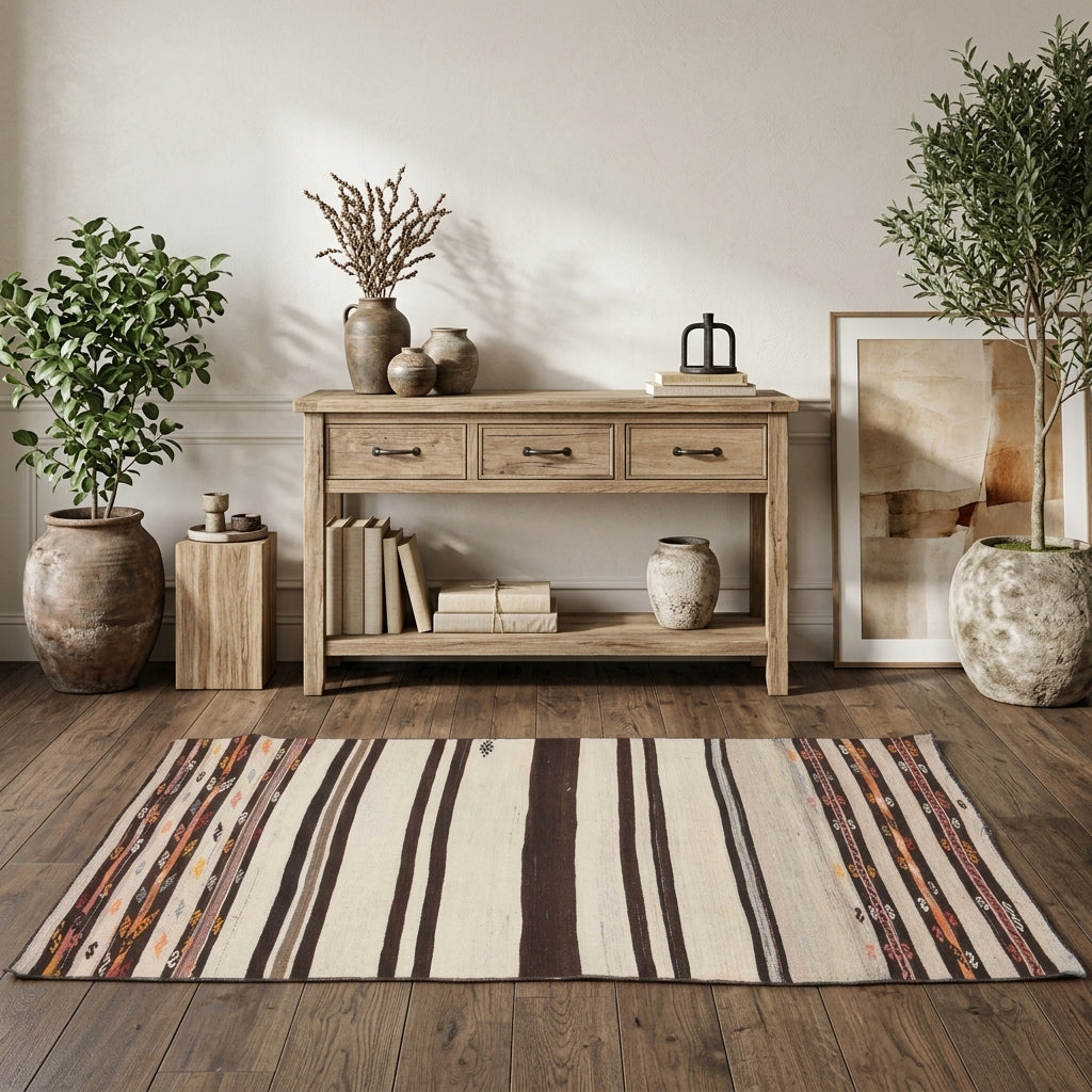 Striped pattern on the Zenokrateia vintage kilim runner rug – handwoven flatweave in Anatolia, Turkey