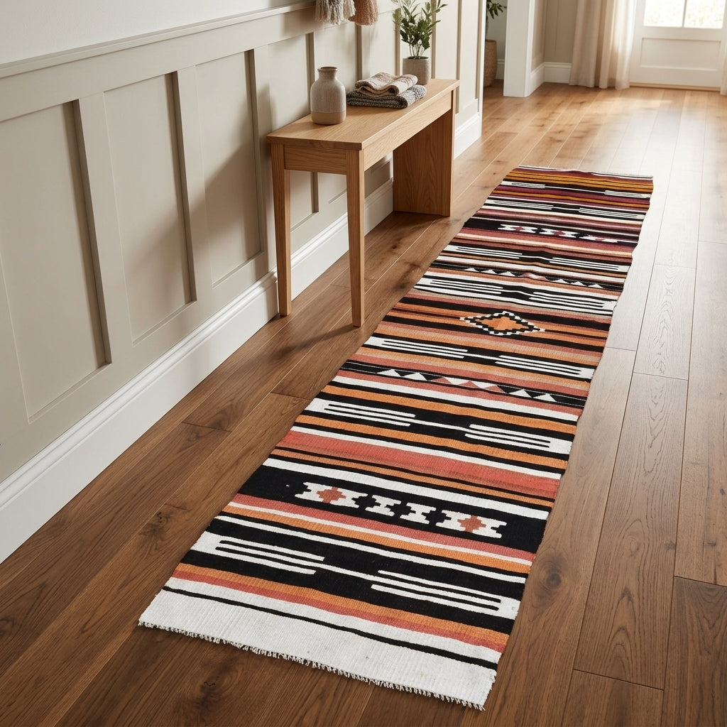 Striped pattern on the Smaragdolyra vintage kilim runner rug – handwoven flatweave in Anatolia, Turkey