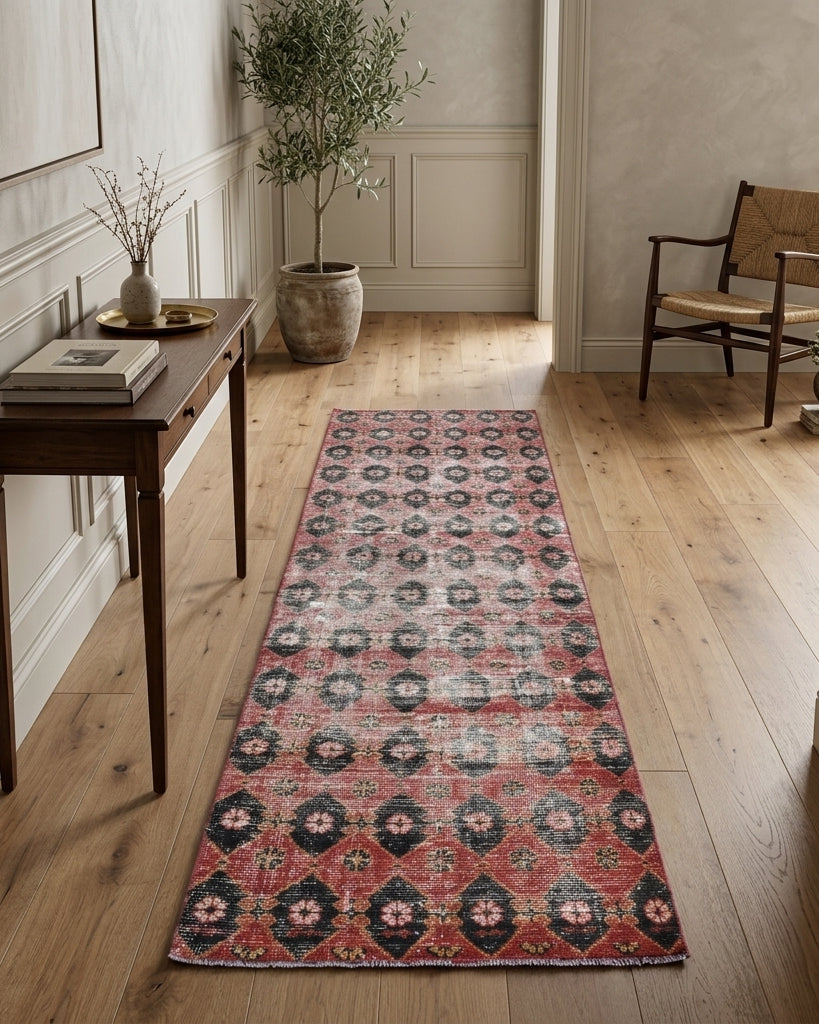 Ikat pattern on the Silenur antique washed vintage runner rug – handmade in Anatolia, Turkey