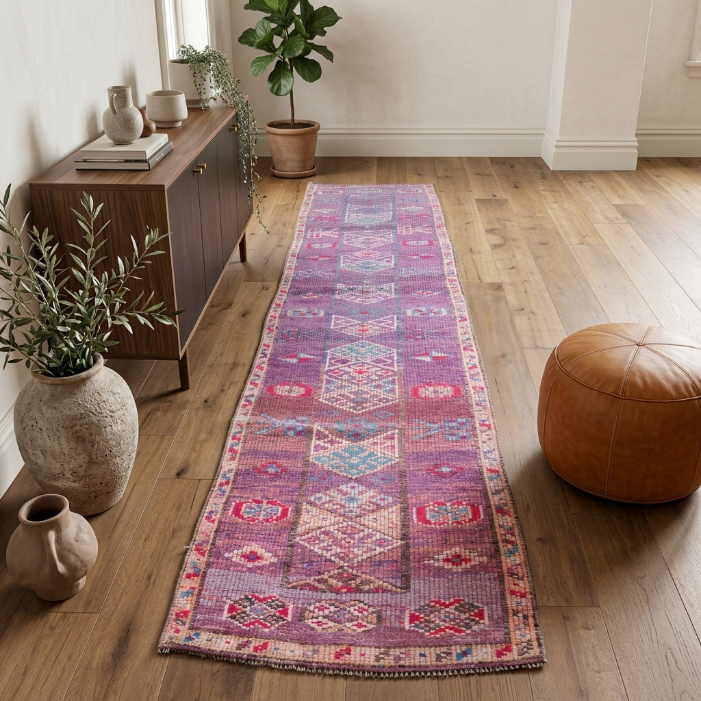 Oriental pattern on the Sabahsad vintage kilim runner rug – handwoven flatweave in Anatolia, Turkey
