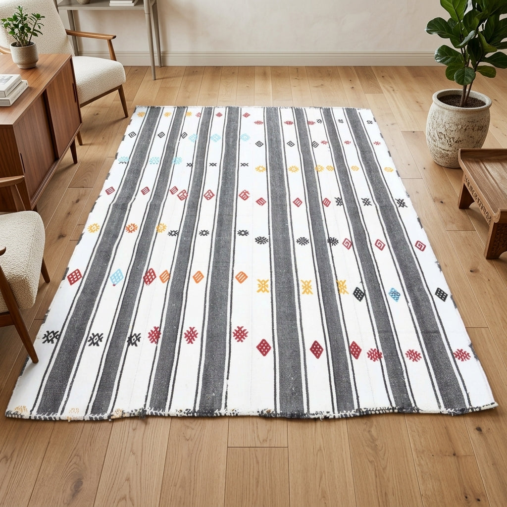 Striped pattern on the Aygulnur vintage kilim rug – handwoven flatweave in Anatolia, Turkey
