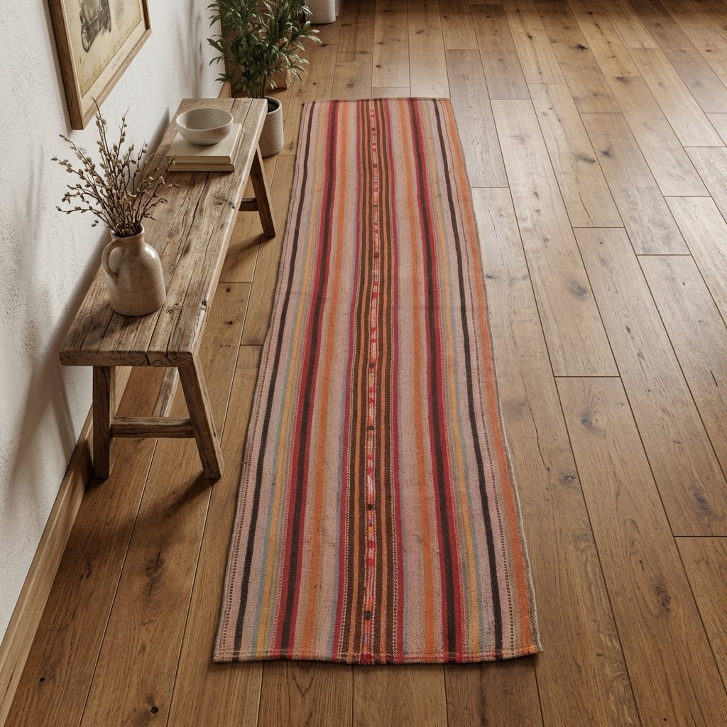 Striped pattern on the Kirazefsan vintage kilim runner rug – handwoven flatweave in Anatolia, Turkey