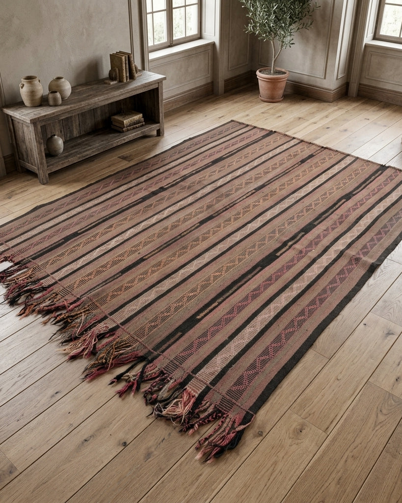 Striped pattern on the Ulker vintage kilim rug – handwoven flatweave in Anatolia, Turkey