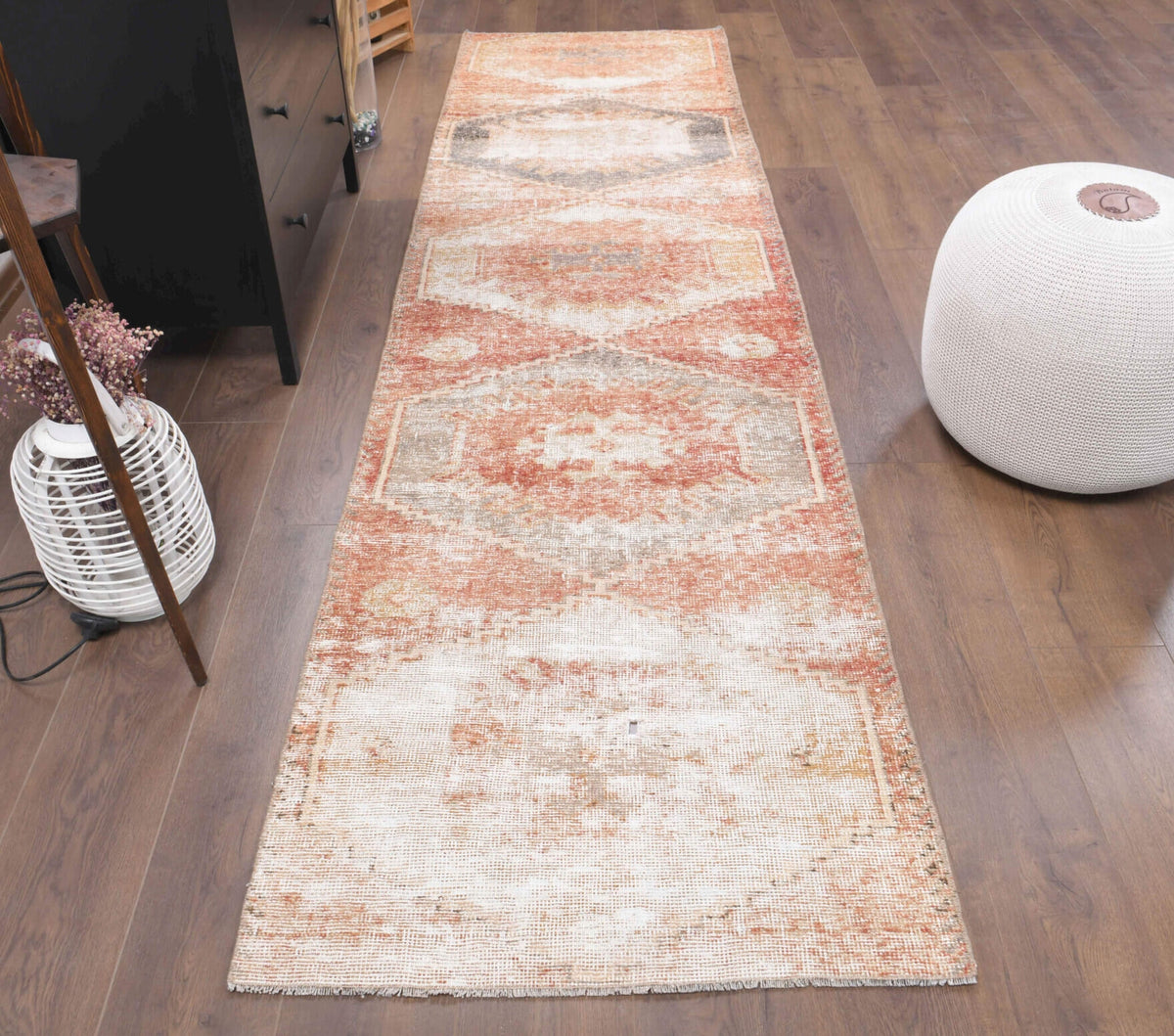 Tribal pattern on the Mujganisin distressed vintage runner rug – handmade in Anatolia, Turkey