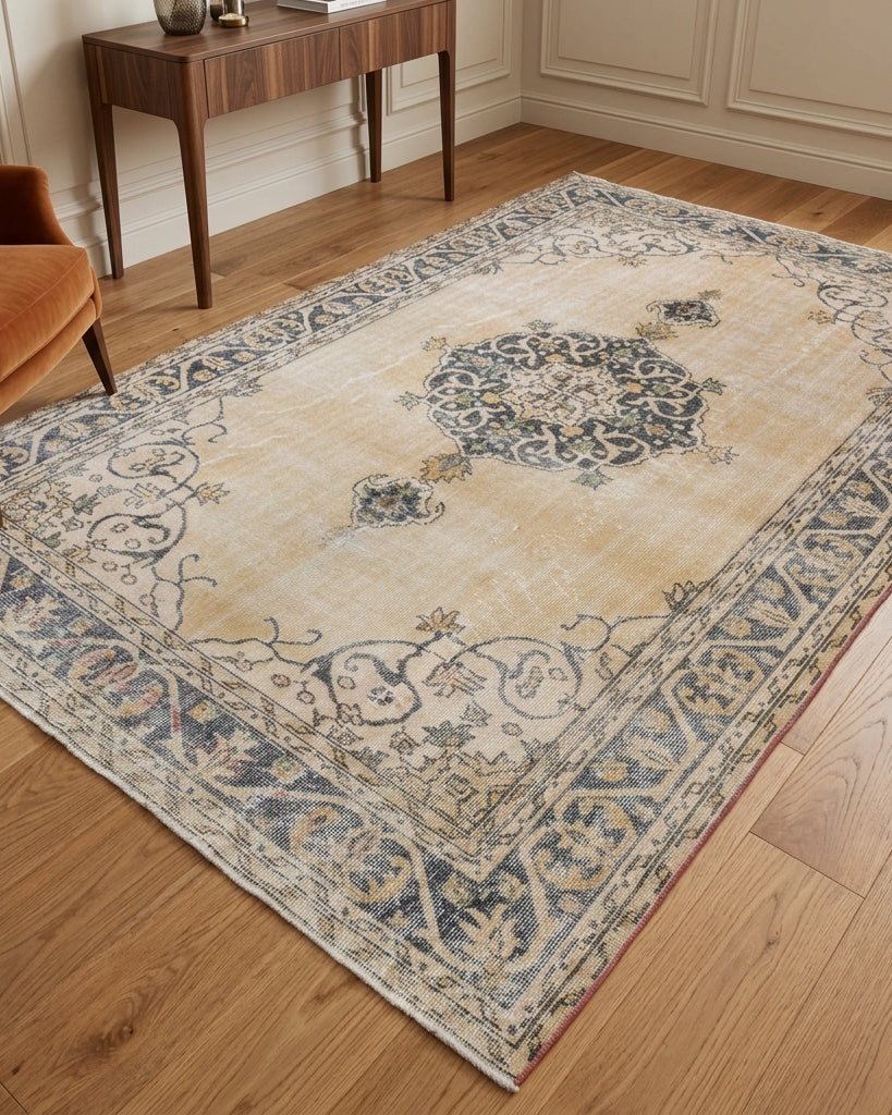 Oriental and medallion pattern on the Timopelia vintage area rug – handmade in Anatolia, Turkey