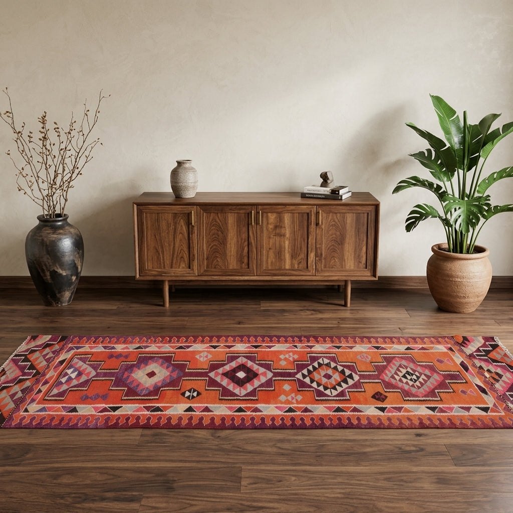 Ikat pattern on the Iraura vintage kilim runner rug – handwoven flatweave in Anatolia, Turkey