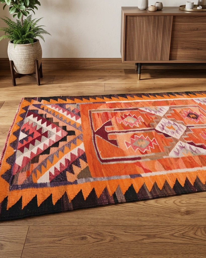 Ikat pattern on the Karanfilperver vintage kilim runner rug – handwoven flatweave in Anatolia, Turkey