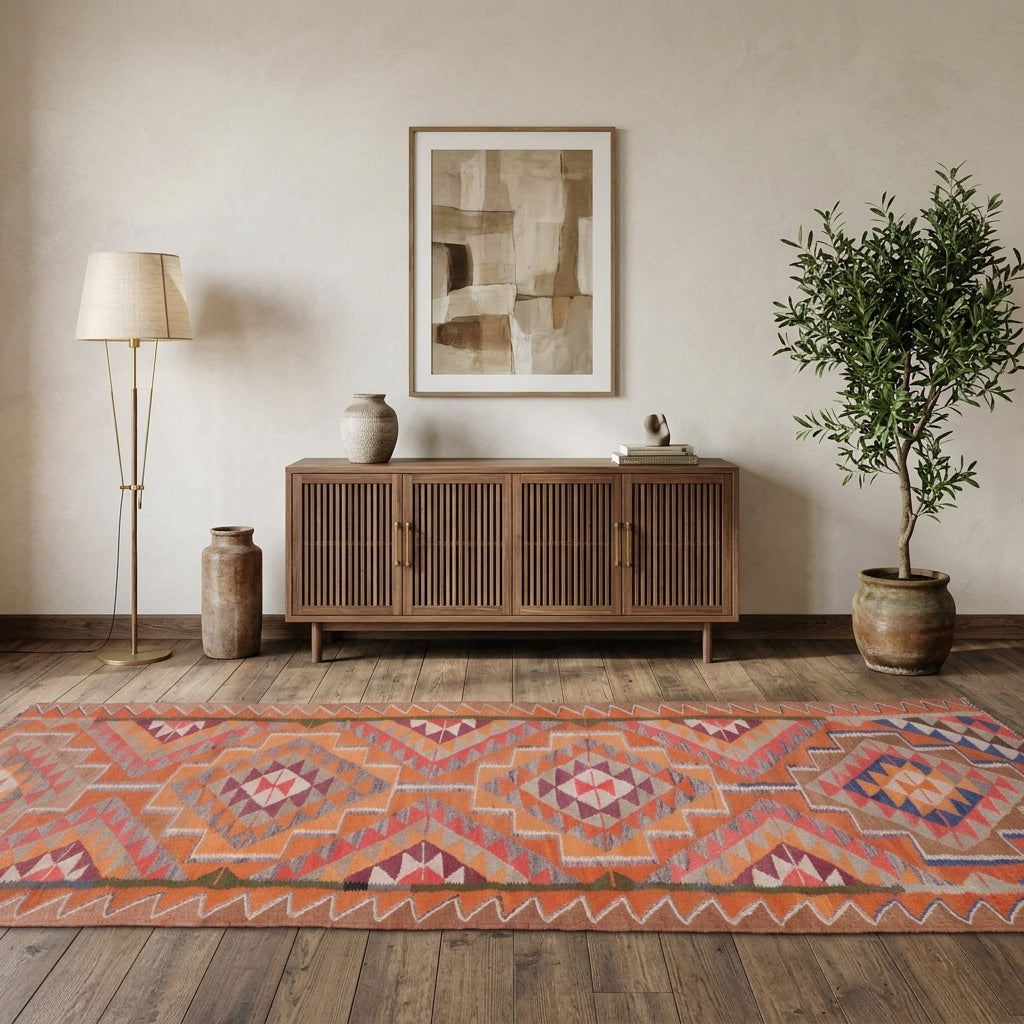 Ikat pattern on the Kestanenaz vintage kilim runner rug – handwoven flatweave in Anatolia, Turkey