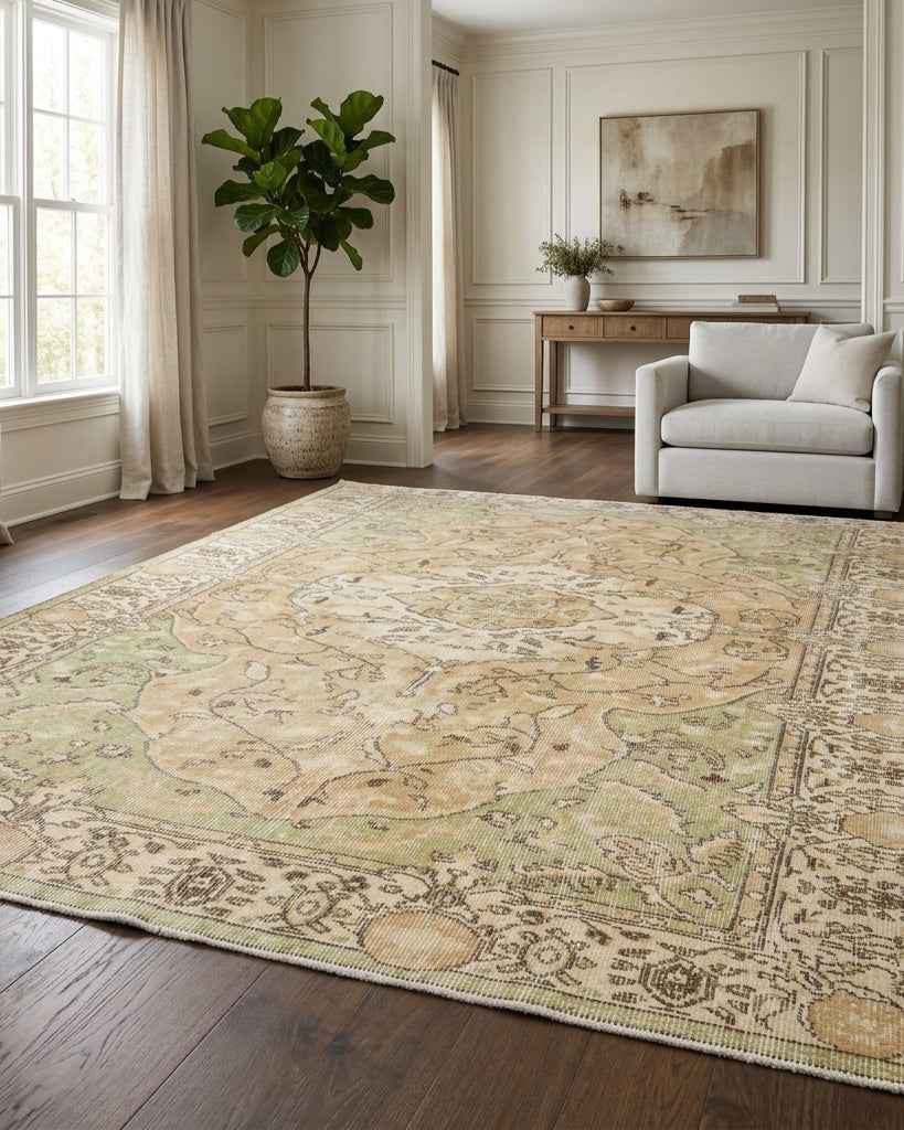 Oriental pattern on the Nephenesia 6x9 feets vintage area rug – handmade in Anatolia, Turkey