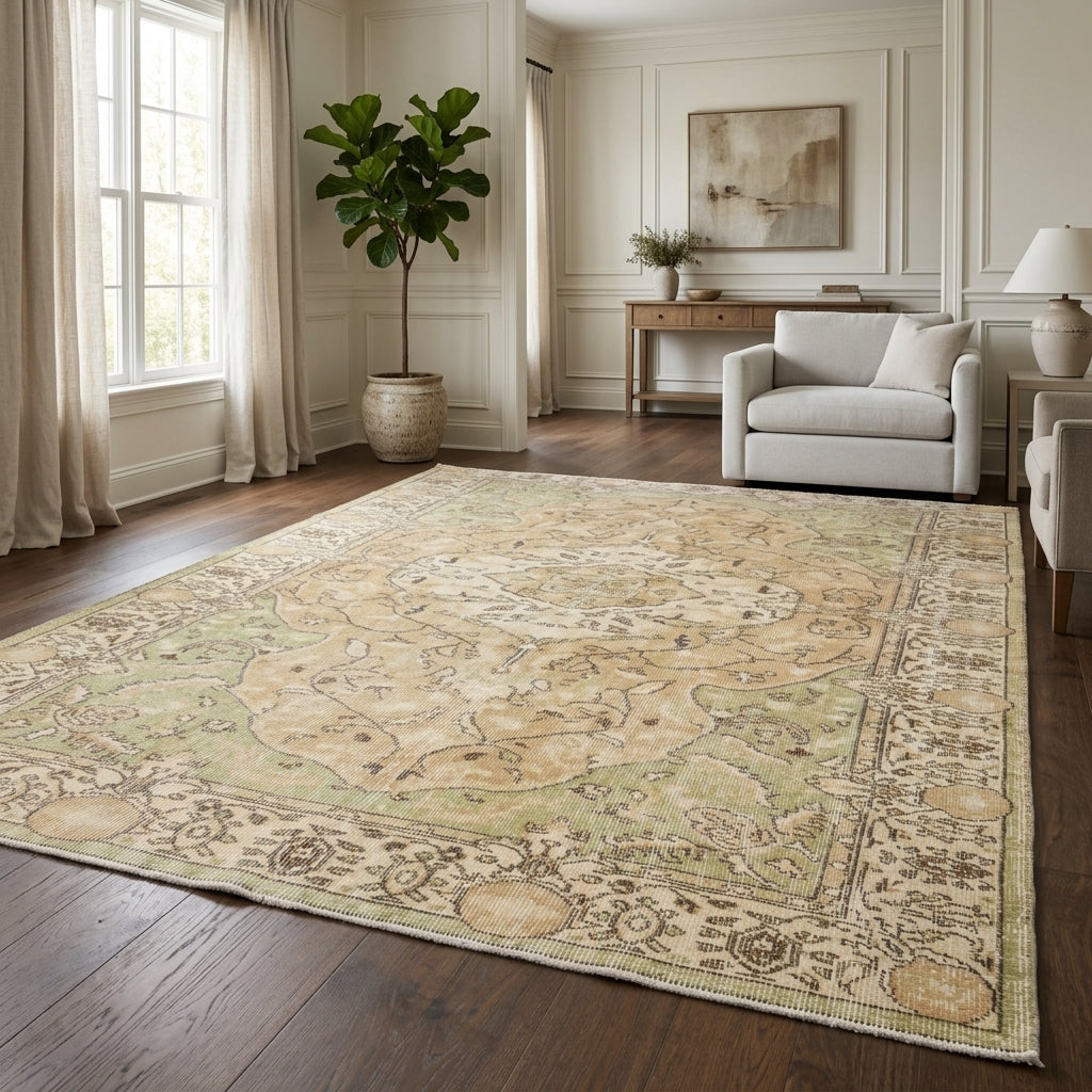 Oriental pattern on the Nephenesia 6x9 feets vintage area rug – handmade in Anatolia, Turkey