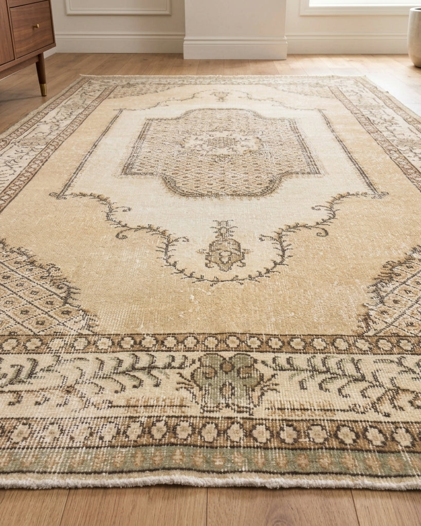 Ecenaz original Oushak area rug beside a wooden sideboard – 1970s beige medallion Turkish wool rug, 5'2" x 9'7"