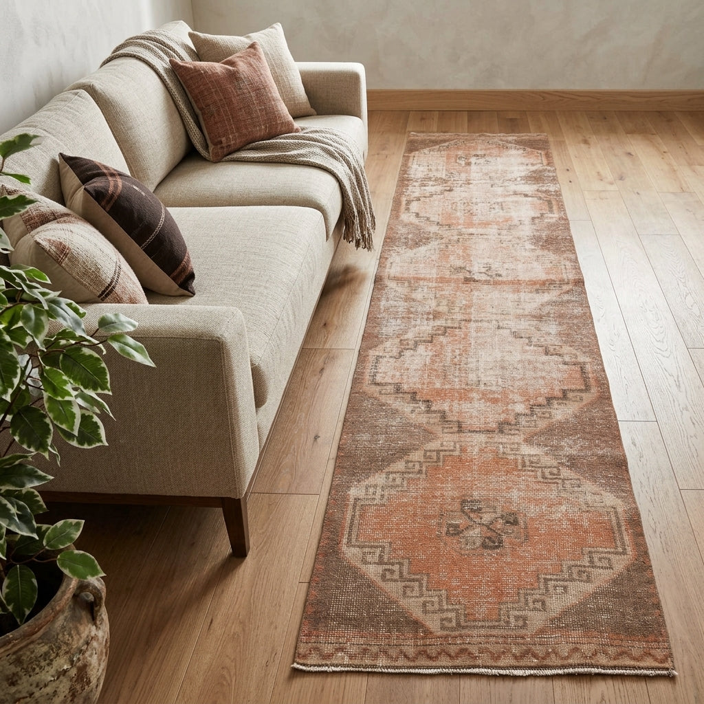 Geometric pattern on the Yagmur distressed vintage runner rug – handmade in Anatolia, Turkey