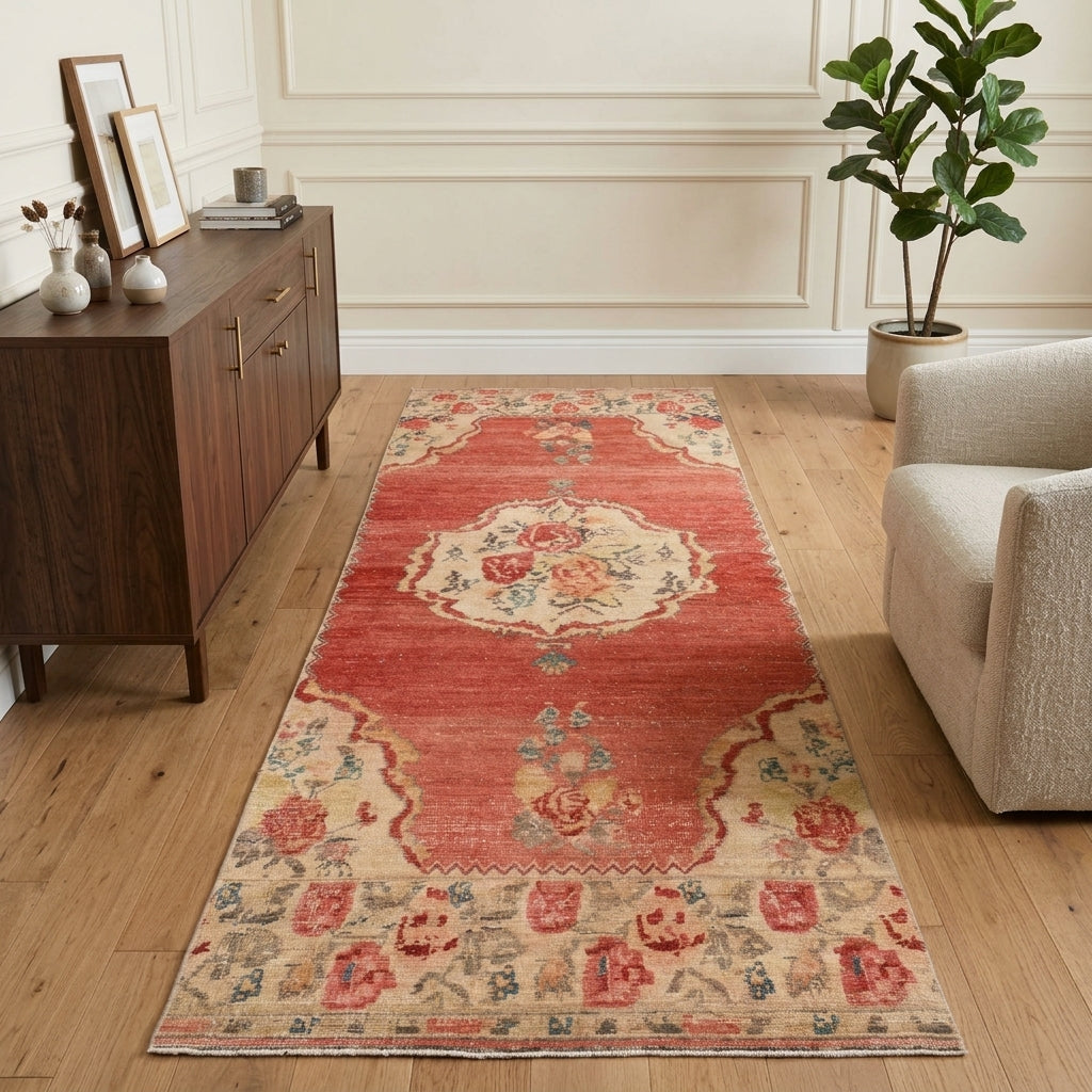 Oriental pattern on the Nevsev vintage runner rug – handmade in Anatolia, Turkey