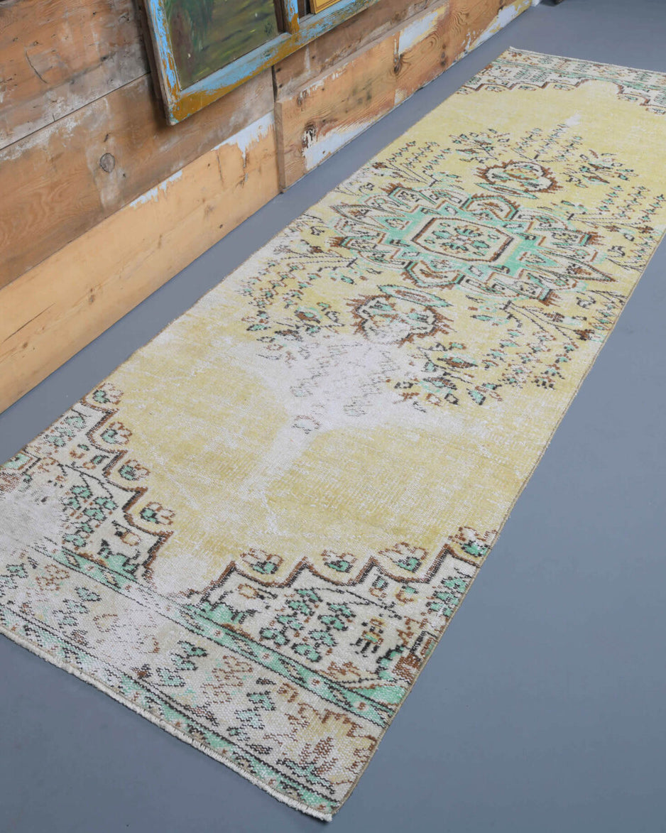 Vintage Yellow Oushak Runner Rug