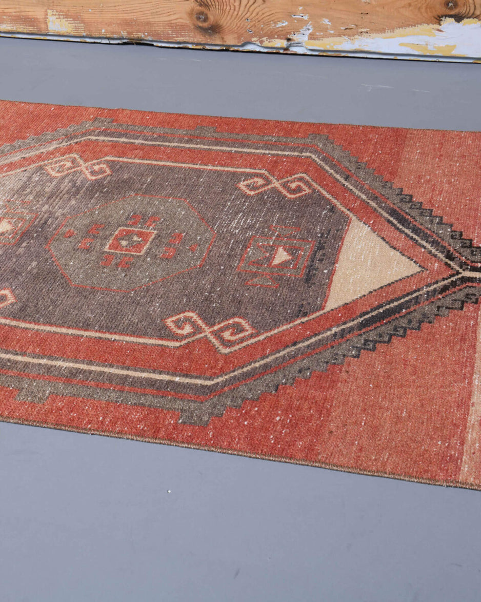 Polypheme runner: 1970s handmade Anatolian runner with geometric motifs and cotton backing