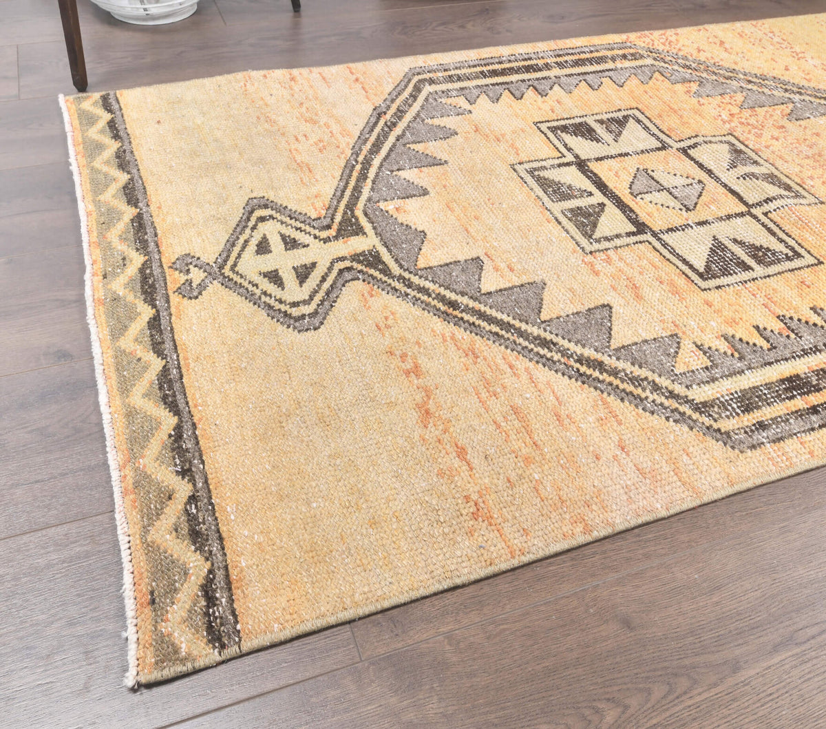 Aglaosela runner: 1970s handmade Anatolian runner with geometric motifs and cotton backing