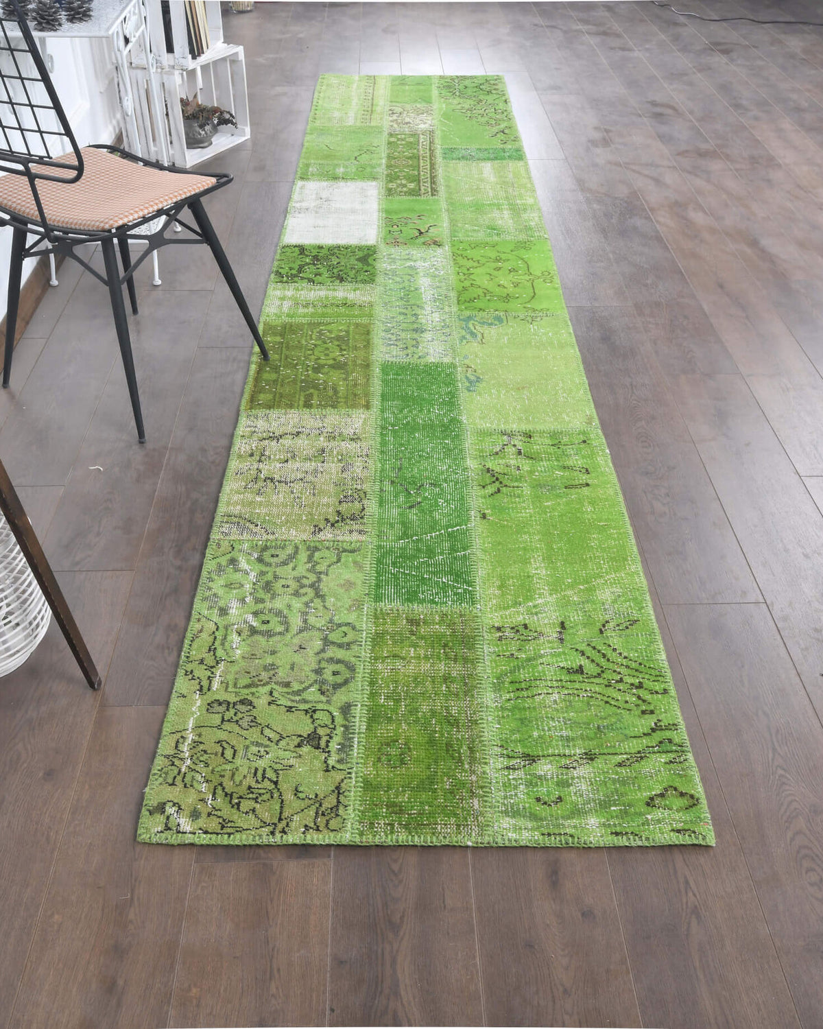 3x13 Vintage Patchwork Green Overdyed Rug Runner
