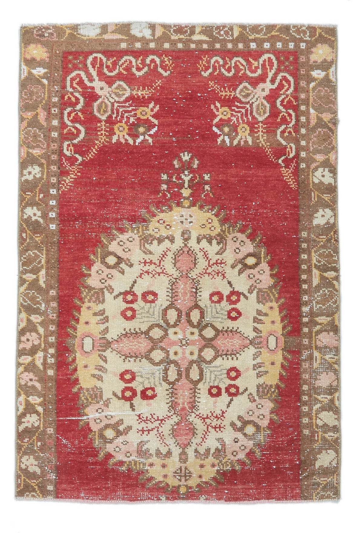 3x4 Vintage Handmade Red Beige Small Anatolian Rug